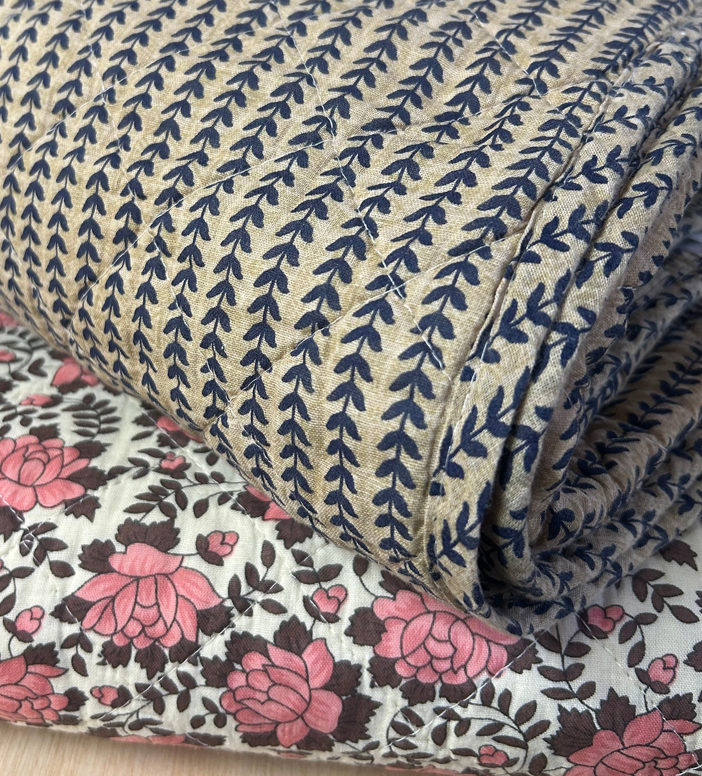 Scandi Vintage Style Quilt - pink flowers