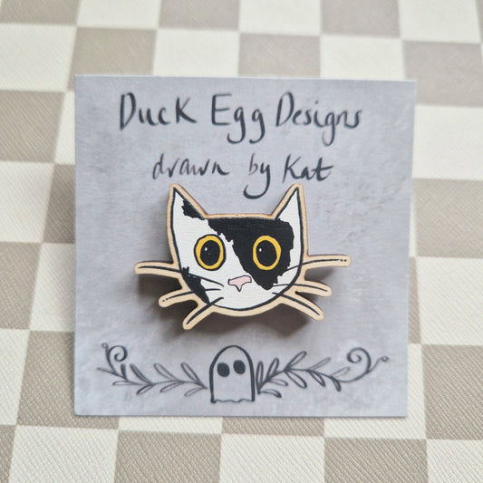 Spooky Cat Wooden Pin Badge