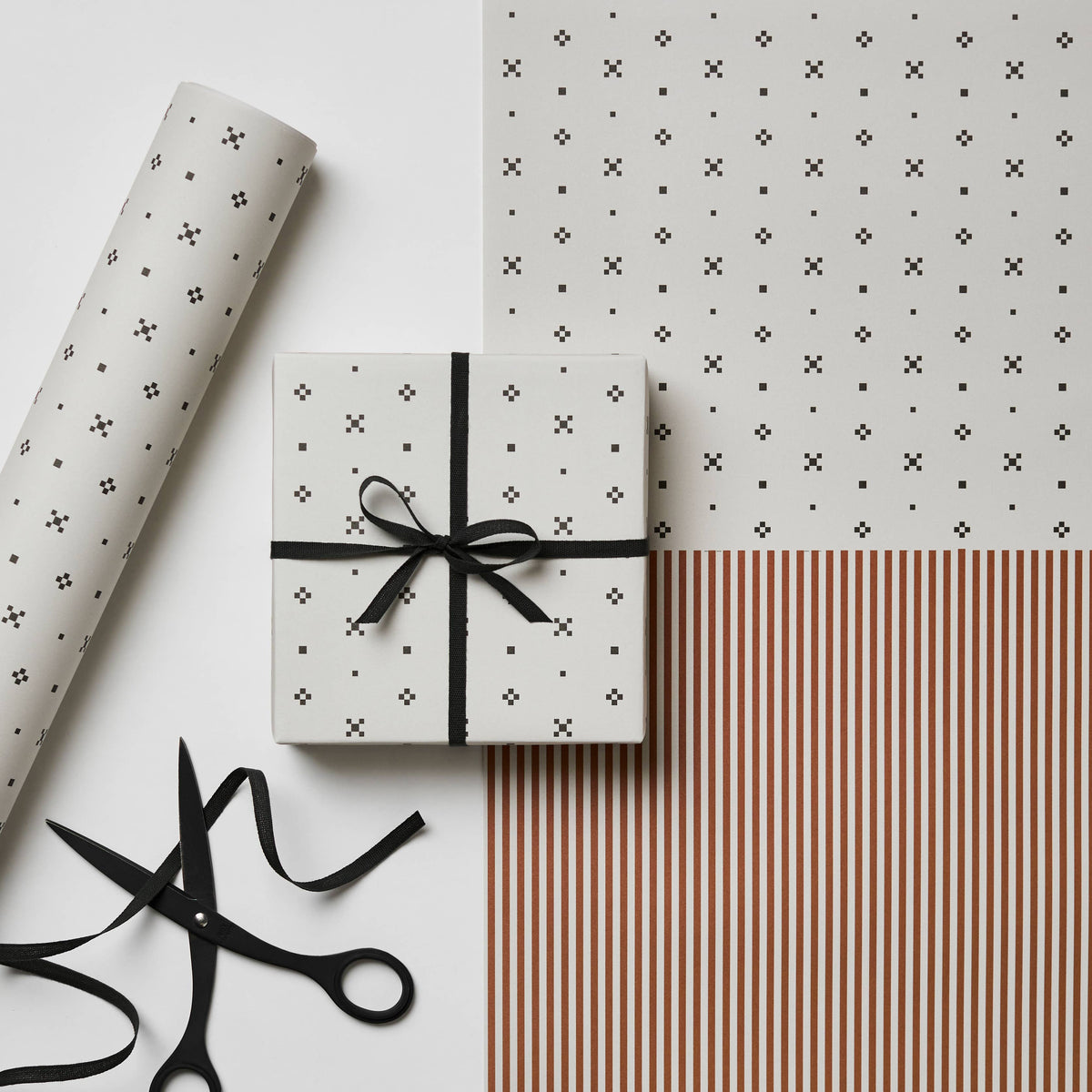 Monochrome Tile & Cinnamon Stripe gift wrapping paper